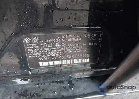 2008 BMW 328 Xi из США, поврежденный, VIN WBAVC93538K038148